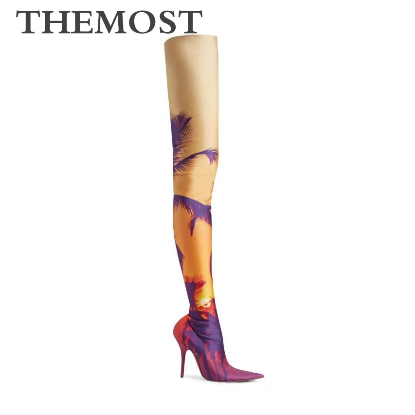 

Женские сапоги выше колена, с пейзажным рисунком, осенне-зимние, сексуальные, на очень высоком каблуке, с острым носком