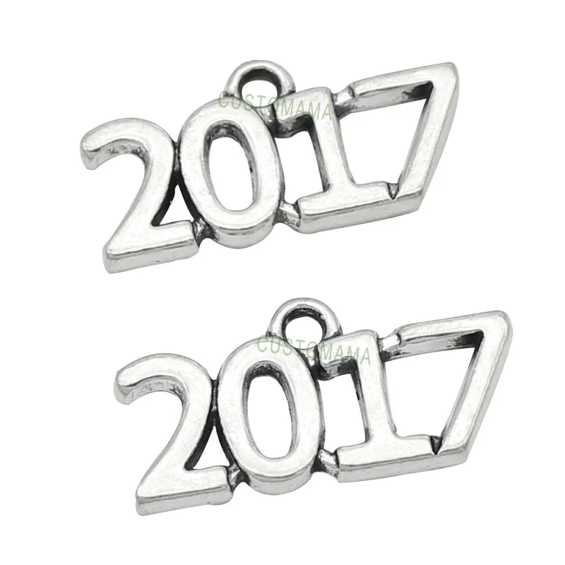 

50pcs-Antique Silver Year 2017 Charms Pendant 24x12mm