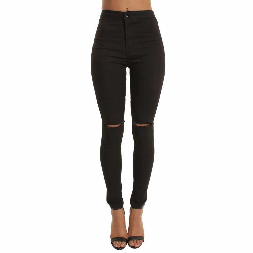 Black Jeans Autumn White Hole Skinny Ripped Jeans Women Jeggings Cool Denim High Waist Pants Capris Female Skinny Black Casual Jeans - Color: Black Jeans