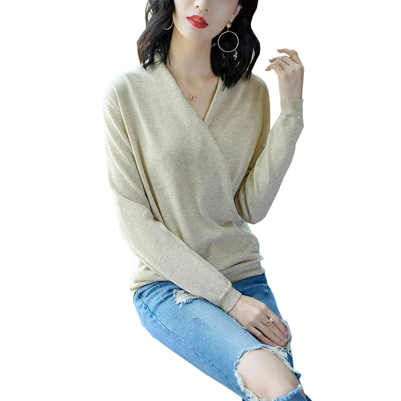 

Fashion V-neck Shinning Sweaters Long Sleeve Knitted Tops Jumper Sweater Spring Autumn Women Shirt Pullovers Sweaters FP1383