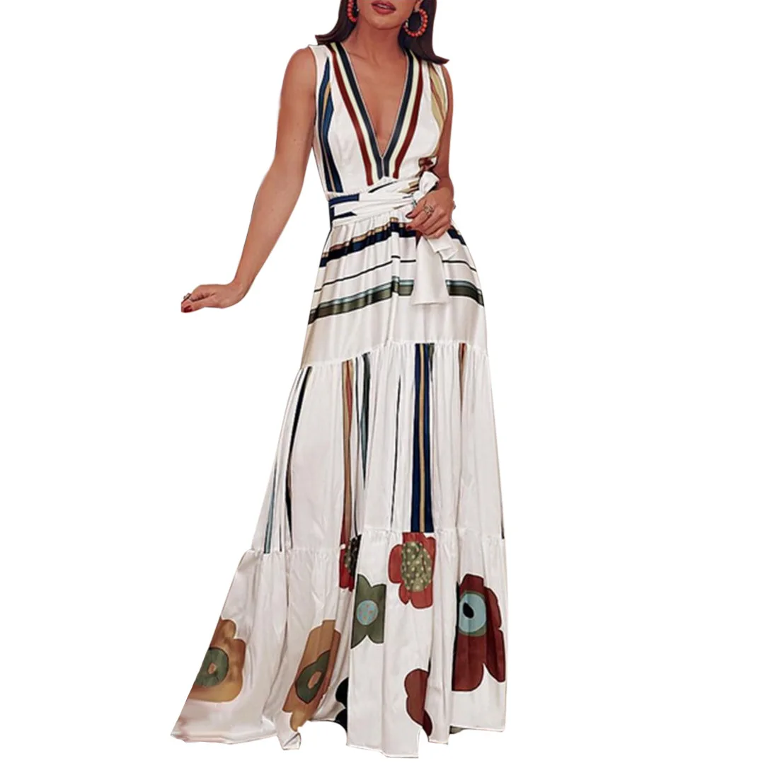 Белое сексуальное богемное пляжное платье с цветочным принтом в пол v образный