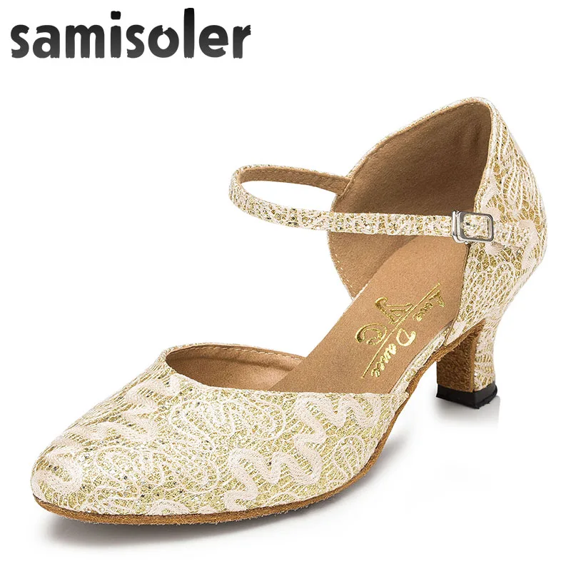 Samisoler Yellow/W New Cloth Collocation Shine Ribbons Ballroom Fashion Dance Women Latin Dance Competition Shoes