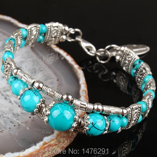 Браслет из тибетского серебра и синего стекла круглые бусины кулон 6 5 дюйма L-7 1