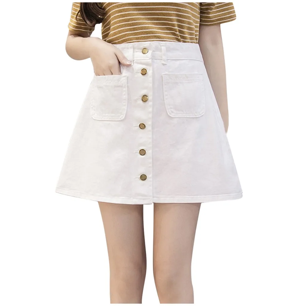 Fashion Women Leisure Denim A-Shaped Skirt Loose Button Pocket Short Skirt