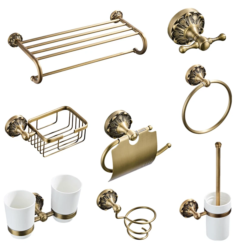 

Antique Carved Bathroom Accessories Set Bathroom Hardware Brass Brushed Soap Dish Ceramic Base Paper Holder Copper Products