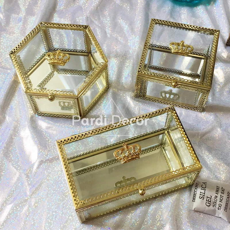 Стеклянная золотая шкатулка для ювелирных украшений с короной 1 шт/лот|lot lot|lot boxlot