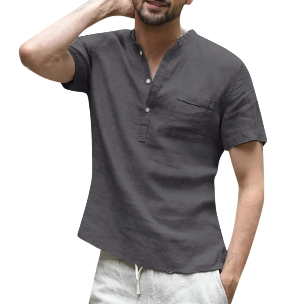 Dark Gray Повседневная рубашка с коротким рукавом, мужская рубашка Camisa, мешковатая, хлопок, лен, одноцветная, на пуговицах, Мужская блузка, топы, уличная одежда, Camisa masculina - Цвет: Dark Gray