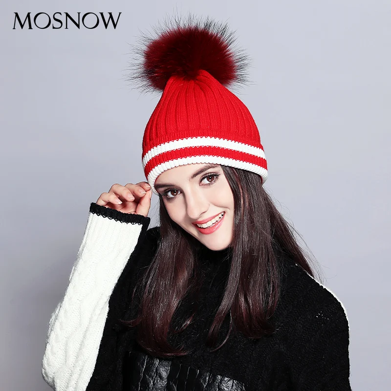 Шерсть Skullies шапочки шить трикотажные Шапки с воротником из натурального меха