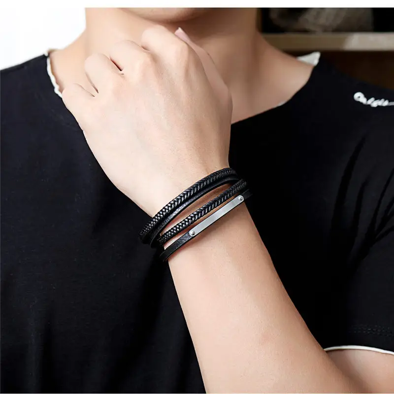 V.YA Multi-Layer Leather Bracelets &amp Bangles for Men Women Fashion Retro Gold Silver Color 200mm Braided Rope Man Jewelry Gift |