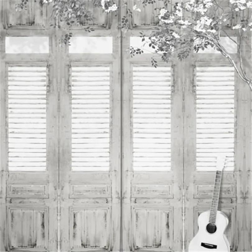 

Custom Photography Backdrops White Wood Door with Guitar Flower Tree Photo Background Cloth for Photo Studio Wedding Backdrops