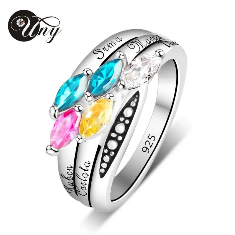 

UNY Ring 925 Sterling Silver Moms Personalized Rings Birthstone Customized Love DIY 5 Stone Engrave Family Heirloom Promise Ring