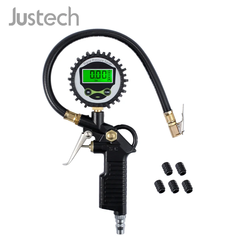 

Justech LCD Digital Tire Pressure Gauge with 5 x Valve Caps Zinc Alloy 3 in 1 Tire Inflator Gauge 200 PSI For Car Van Motorcycle