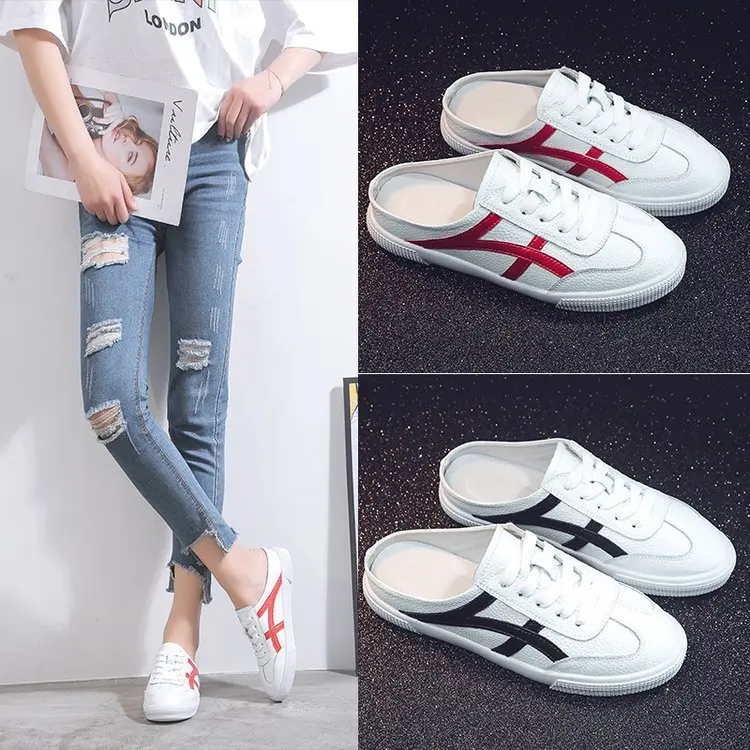 COOLSA Women's Autumn White PU Shoes Casual Striped Flat Slippers Indoor Half Tow Slides Lady Lazy Travel Shoes