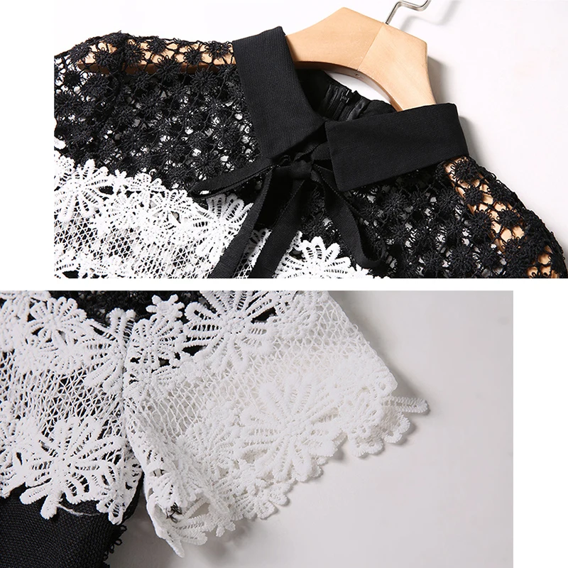 Trytree летнее платье для женщин с бантом и отложным воротником жаккардовое полым