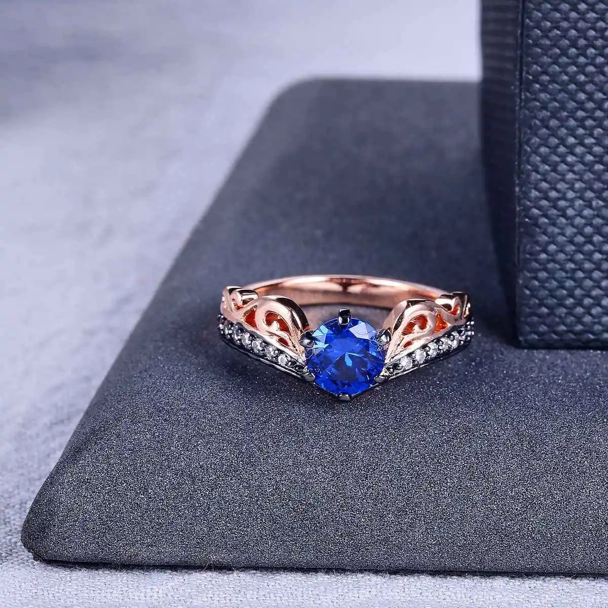 ZHE FAN Blue Engagement Rings Women AAA Cubic Zirconia Love Jewelry Black Rose Gold Color 2 Tone Plate Christmas Gifts | Украшения и