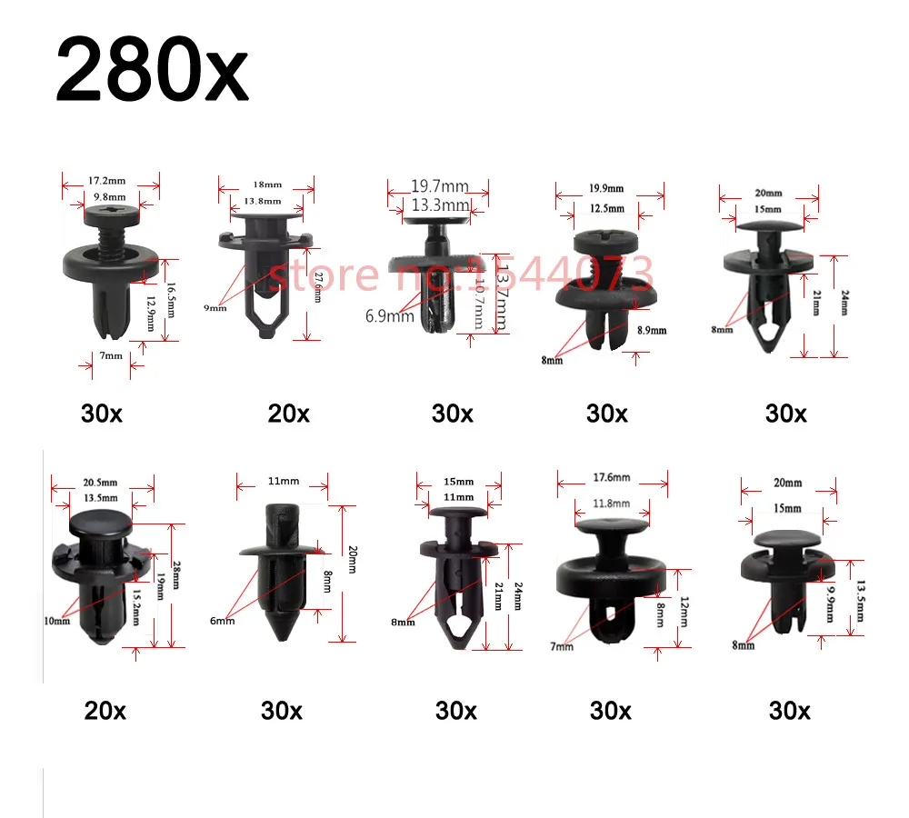 

280pcs/set Mixed Special Fender Bumper Nylon rivet fixed Clips Fastener For Honda Lexus Audi Ford Toyota Nissan