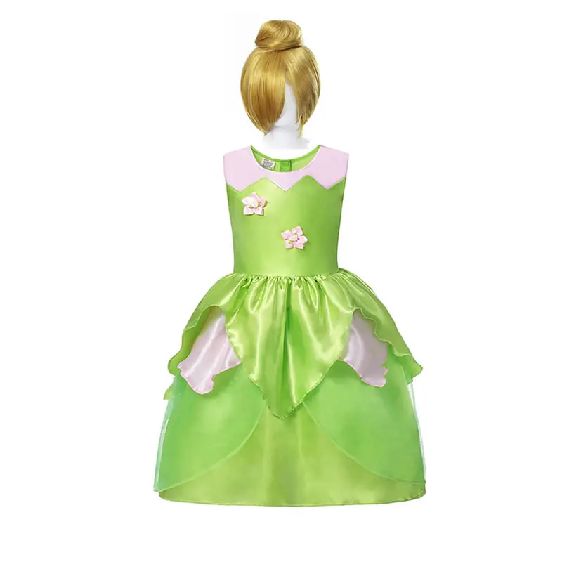 Tinker Bell Set Карнавальные костюмы «Динь-Динь» для девочек, летнее зеленое цельнокроеное платье с париком, детское праздничное платье на день рождения, платье принцессы «мисс Белл» - Цвет: Tinker Bell Set