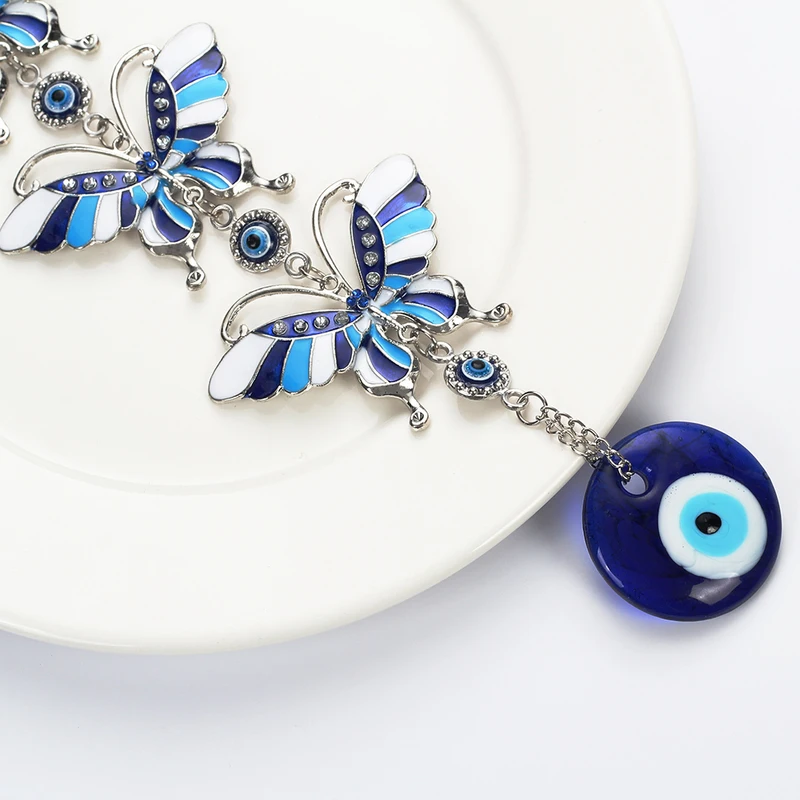 Wish Card Three Blue Butterfly Turkish Lucky Eyes Pandant Long Keychain Couples Valentines Day Gift Jewelry Key Chain EY5045 | Украшения и