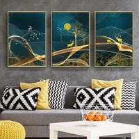 3 piece abstract gold deer moon landscape hd print canvas painting wall art picture for living room home decoration posters
