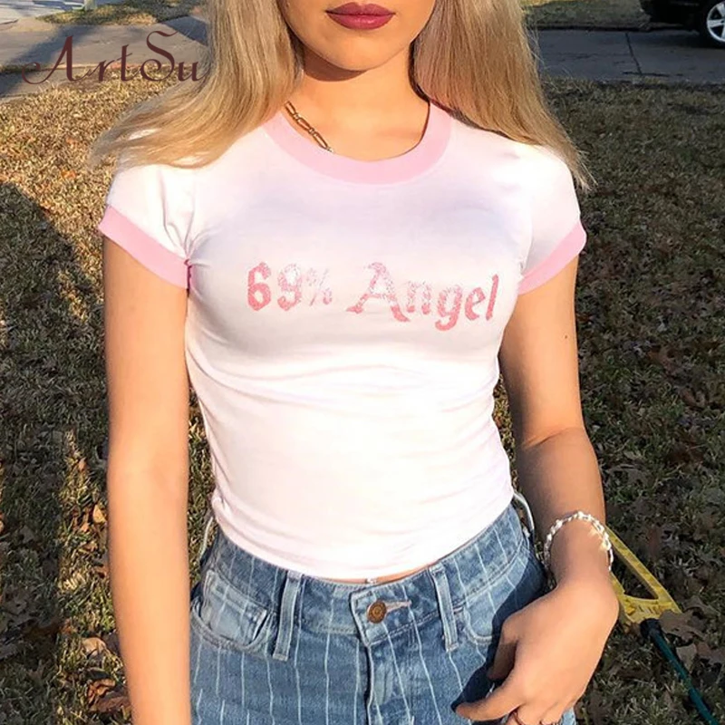 Арцу в стиле пэчворк с принтом букв короткий рукав Kawaii футболка Femme Симпатичный розовый топ, футболка Для женщин Сексуальная Забавный футболка s ASTS20766
