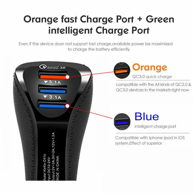 Автомобильное зарядное устройство QC3.0 с 2 USB-портами и поддержкой быстрой зарядки