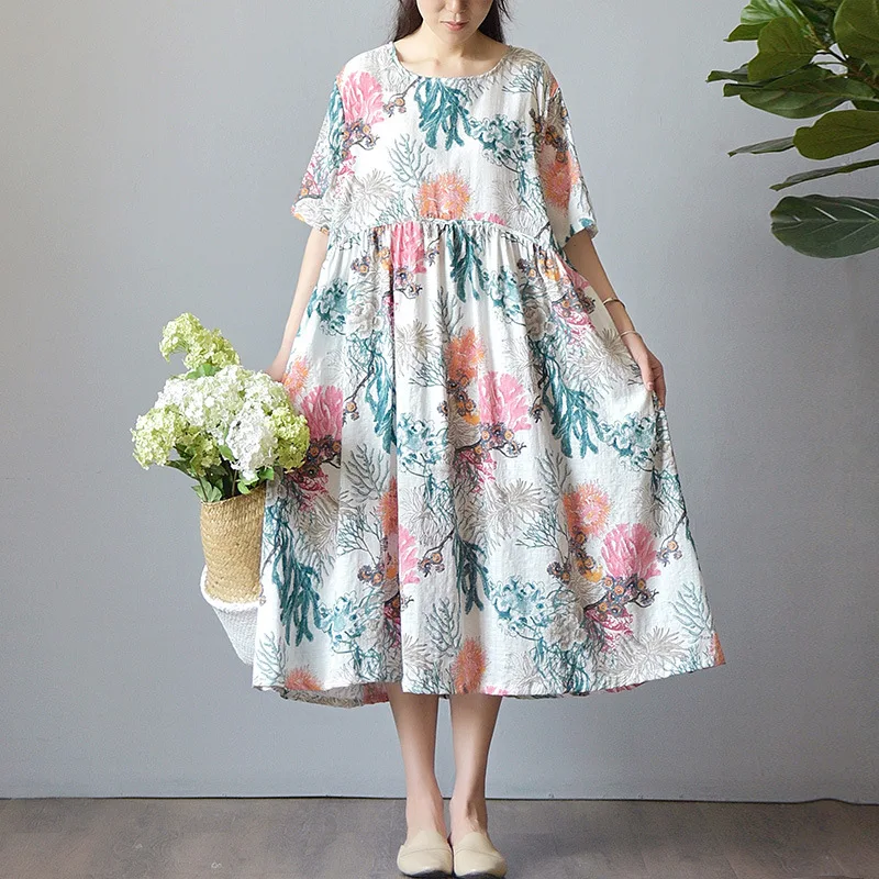 Женские хлопковые льняные платья с цветочным принтом Новинка лета 2020 свободные