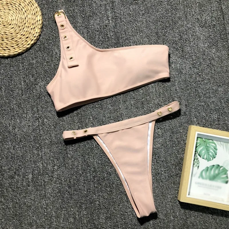 Женские купальные костюмы бикини на одно плечо с завязками высокая талия пуш ап