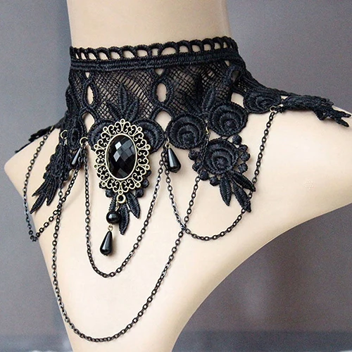 Women Vintage Gothic Black Rhinestone Lace Layered Chain Collar Necklace Choker | Украшения и аксессуары