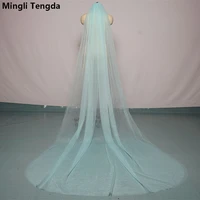 mingli tengda sky blue bridal veil long cut edge double layer 3 meters long wedding veil elegant lady cathedral veil dusty rose