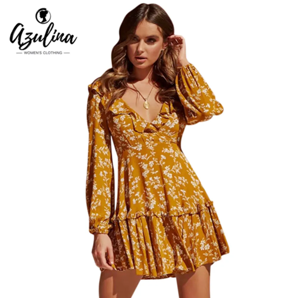 AZULINA Цветочный принт рюшами Узелок платье Для женщин платья Vestido осень V шеи