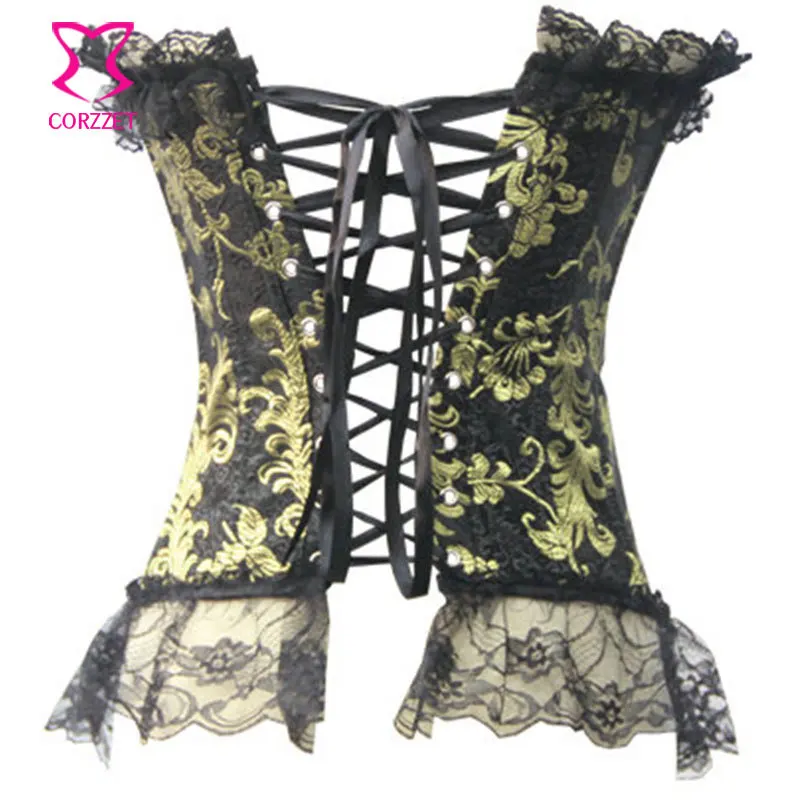 Черный/золото жаккардовые гобелены Готический корсет бюстье Overbust Guepiere