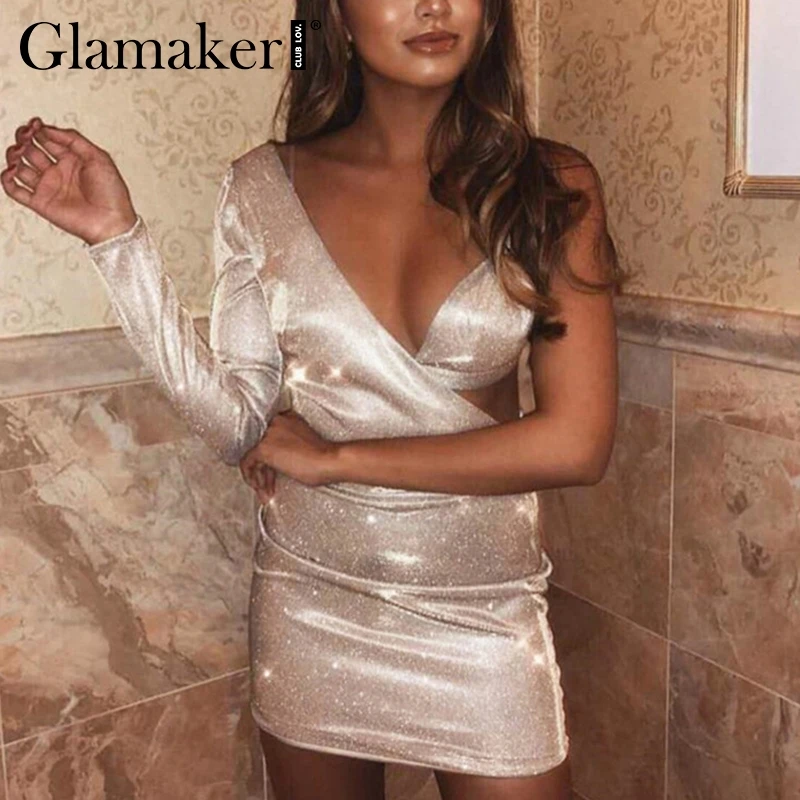 Женское платье с люрексом Glamaker облегающее на одно плечо треугольным вырезом