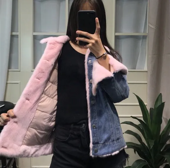 

Streetwear Casual Parkas Winter Jacket Women Natural Real Mink Fur Collar Denim Duck Down Coat