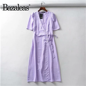C27 dot purple 1251 Bazaleas Франция темно-синий горошек печати Сплит vestidos обёрточная бумага миди платье Элегантное летнее платье Шик V образным вырезом Винтаж Прямая - Цвет: C27 dot purple 1251