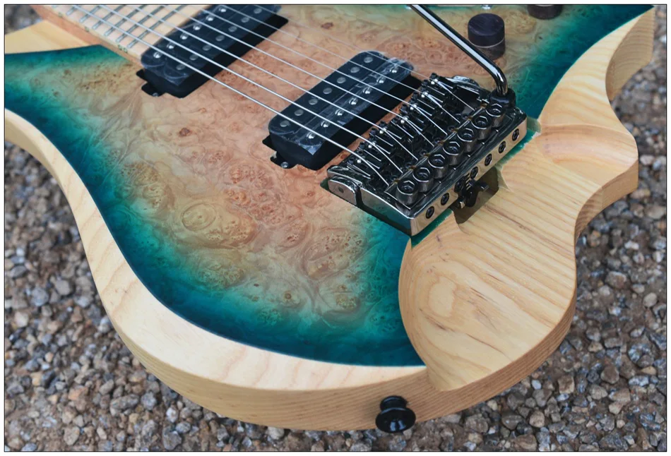 7 струн Безголовый электрогитара Стиль Синий взрыв spalted вьющиеся клен Топ Пламя клен шеи