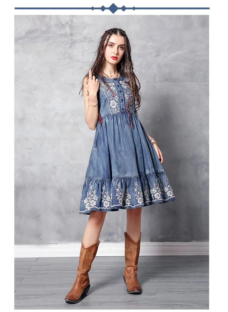 Летнее платье Yuzi. may Boho новые джинсовые женские платья с круглым вырезом винтажный сарафан с цветочной вышивкой A82158 Vestidos для женщин