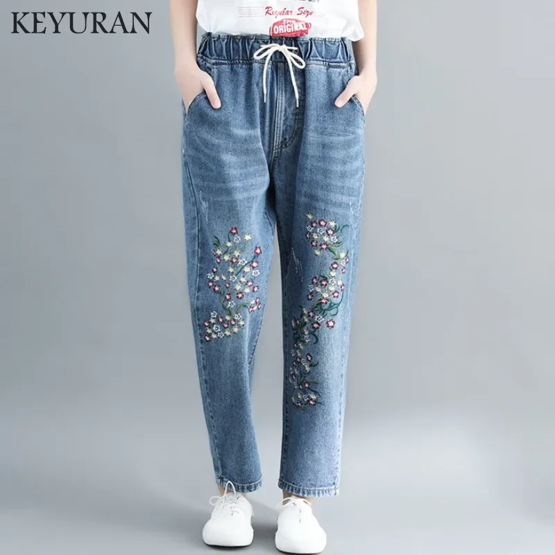 Джинсы женские свободные с эластичной талией вышивкой|Брюки| |