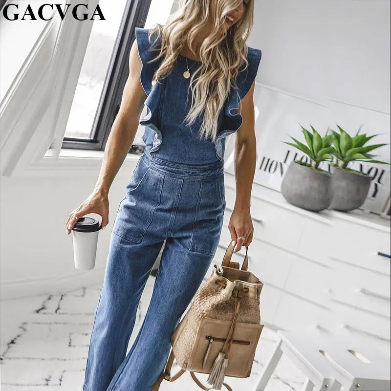 GACVGA Butterfly Bell Wide Leg Bodycon Denim Jumpsuit Casual Rompers Back Lace Up Fashion Trends Jumpsuits Overalls
