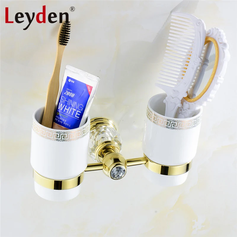 

Leyden Luxury Golden Brass& Crystal Double Cup Tumbler Holder European Royal Wall Mount Toothbrush Cup Holder Bathroom Accessory