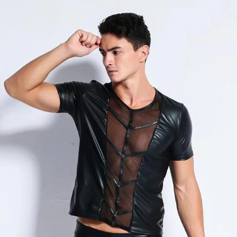 

latex men faux leather t shirts Male fashion Undershirts Men black Tees tight shirts Gay Funny corset lace mesh Dancewear
