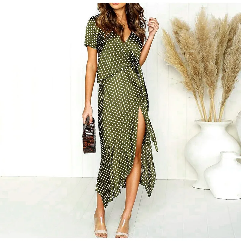 Платье в горох Женские 2019 лето V-образным вырезом, повседневное, с высокой талией, до середины икры, элегантное, из атласа с завязками, Vestidos.
