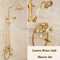 hot luxury brass jade rainfall shower set bathroom shower faucet 8 top spray adjust height handheld shower bath tap wall mount