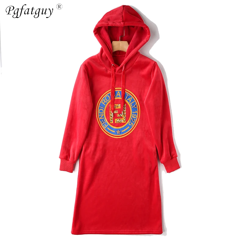 2019 New Autumn Beading Warm Sweater Dress Women Sexy Slim Female Hooded Drawstring Long Sleeve Gold Velvet Vestidos | Женская одежда