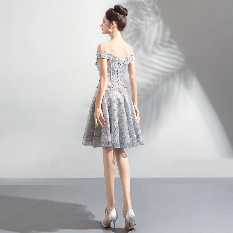 SSYFashion Новые короткие коктейльные платья Банкетный сладкий серый кружевной