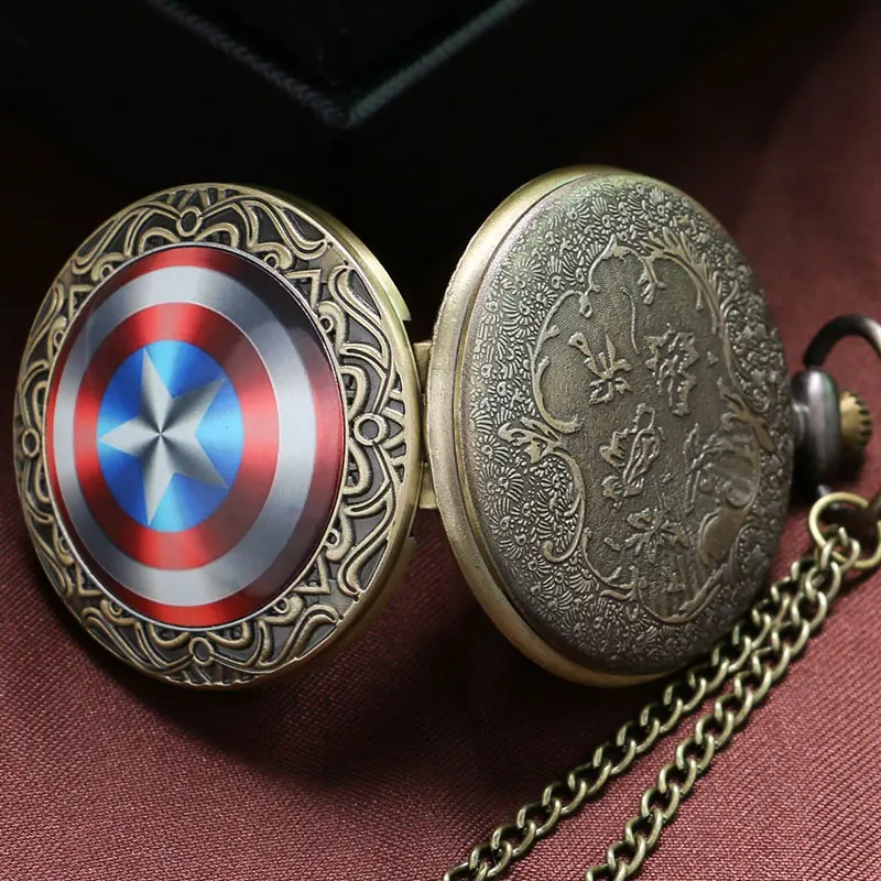 

Men Boy Kids Gift Chain Captain America Avenger Shield Quartz Pocket Watch Retro Full Hunter Steampunk Pendant Necklace Vintage