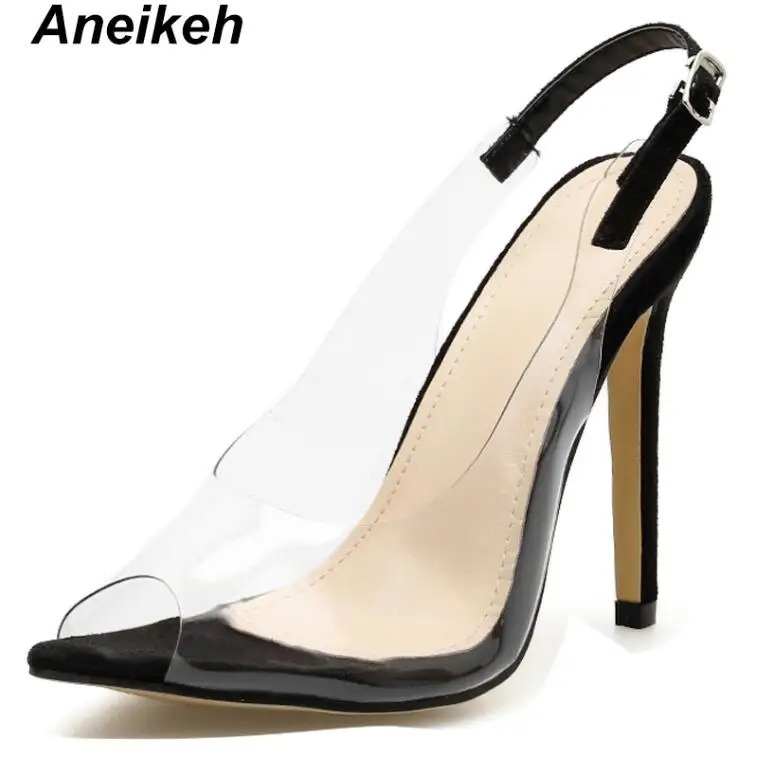 black Aneikeh/ г.; Модные женские босоножки на высоком каблуке из пвх; заостренный кончик; туфли-лодочки с ремешком на пятке; модельные женские туфли с открытым носком на тонком каблуке; размер 41, 42 - Цвет: black