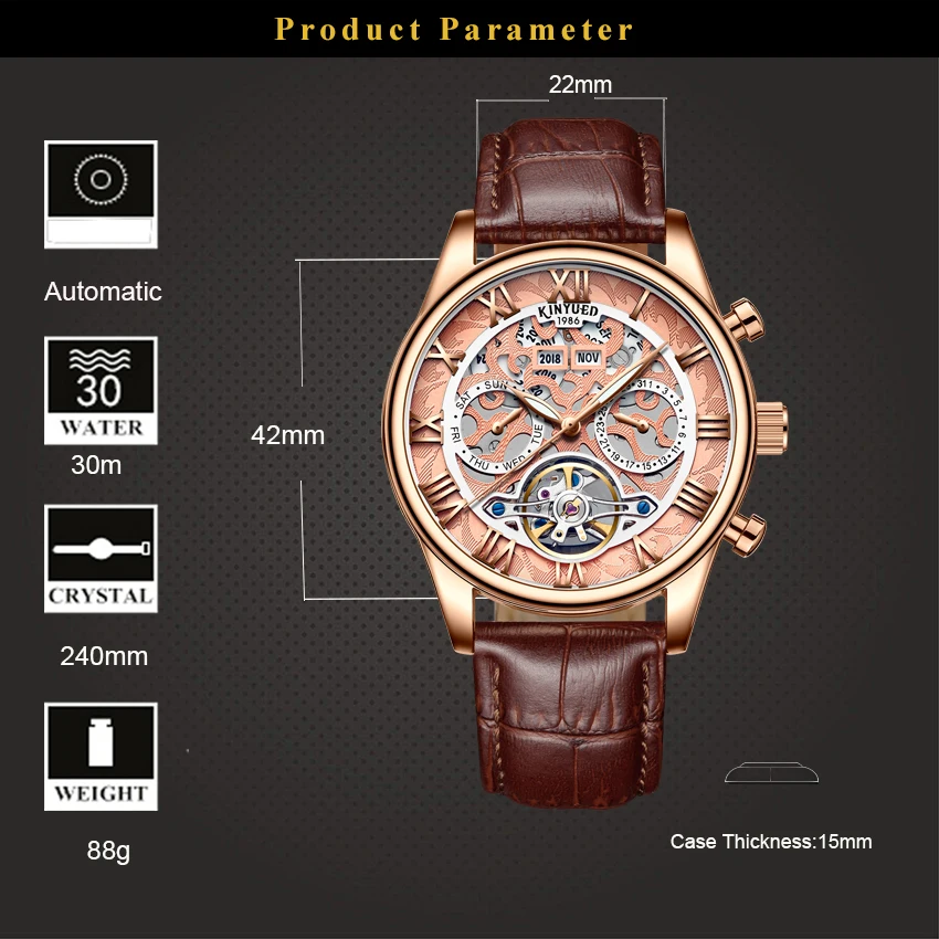 Автоматические Мужские часы KINYUED Tourbillon скелетоны цвета розового золота с датой