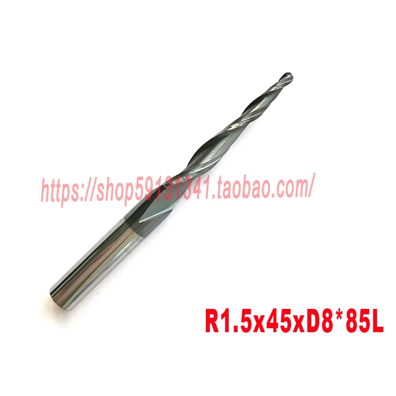 

2pcs/lot R1.5*D8*45*85-HRC55 Tungsten solid carbide lengthen Tapered Ball Nose End Mills taper and cone milling cutter