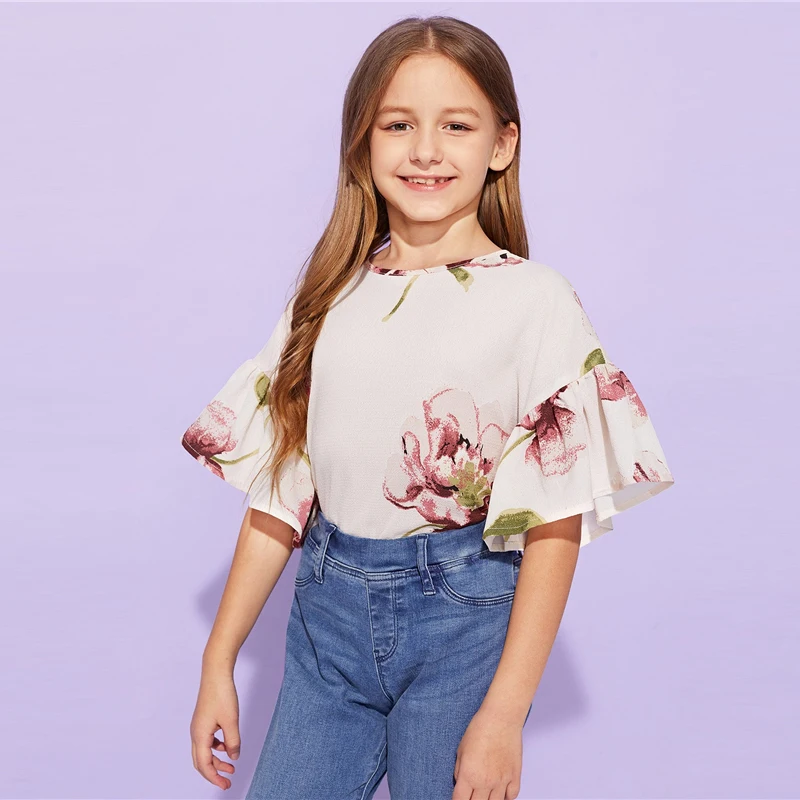 SHEIN/детская блузка с абрикосовым цветочным принтом для девочек; топы для девочек; коллекция года; сезон лето; милые корейские футболки с короткими рукавами и оборками; детская одежда