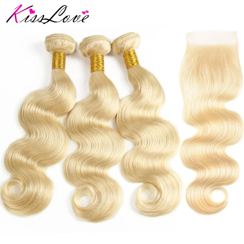 Kiss Love Hair Brazilian Body Wave Hair 3 Bundles With Closure 613 Blonde Color Hair Human Hair With 4x4 Closure Free Shipping